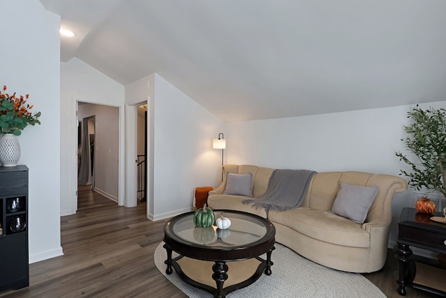 living room with dark wood-type flooring and vaulted ceiling