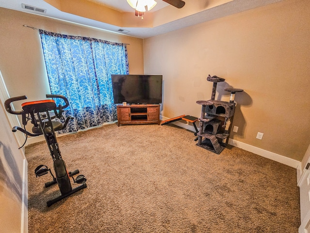 workout room with carpet flooring, ceiling fan, and a tray ceiling