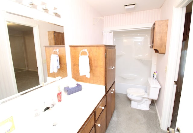 full bathroom with toilet, vanity, and shower / bathtub combination with curtain