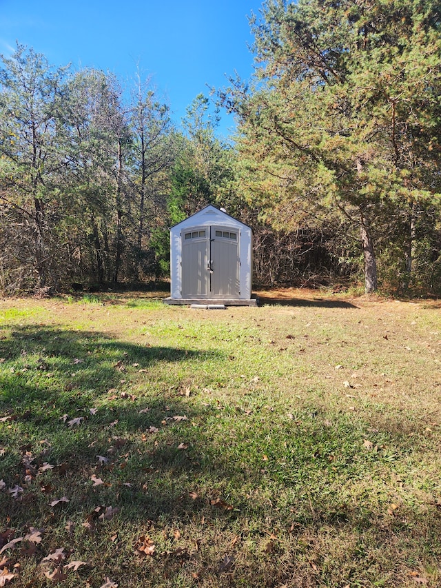 view of yard with a storage shed