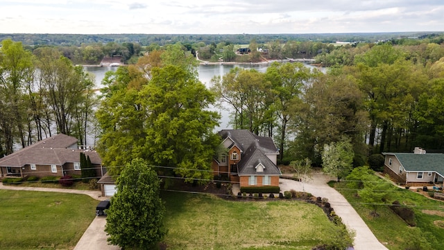 drone / aerial view with a water view