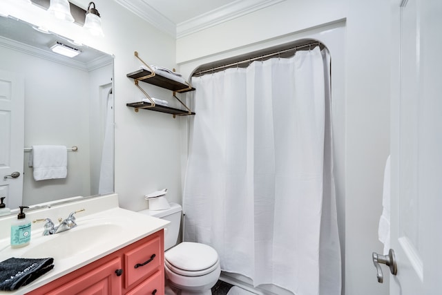 bathroom featuring toilet, vanity, crown molding, and a shower with shower curtain