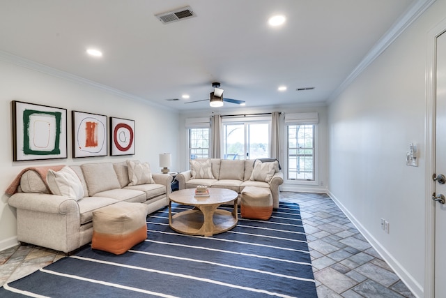 living room with ceiling fan and crown molding