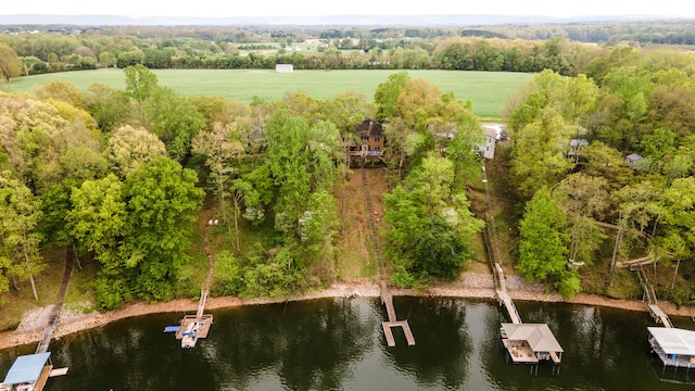 aerial view featuring a water view and a rural view