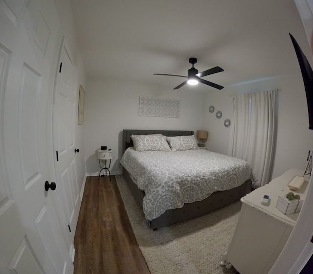 bedroom with dark hardwood / wood-style flooring, a closet, and ceiling fan