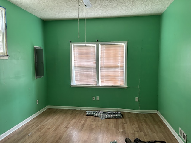 empty room featuring light wood-type flooring, electric panel, a textured ceiling, and a healthy amount of sunlight