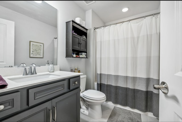 full bathroom with vanity, tile patterned flooring, toilet, and shower / bath combination with curtain