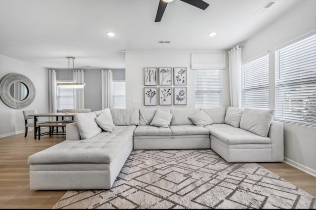 living room featuring hardwood / wood-style flooring and ceiling fan