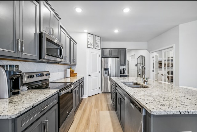 kitchen featuring light hardwood / wood-style floors, sink, appliances with stainless steel finishes, backsplash, and a kitchen island with sink