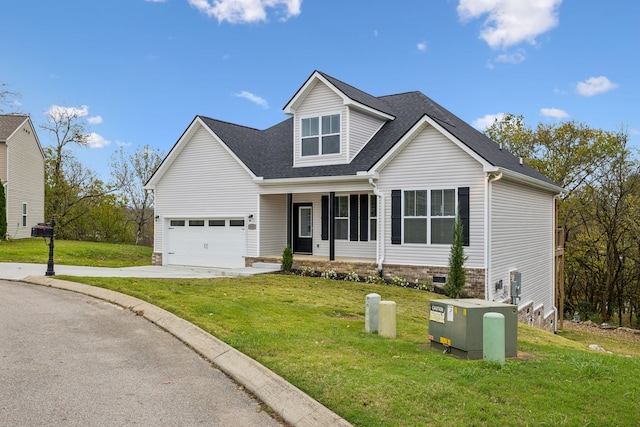 view of front facade with covered porch, a garage, and a front lawn