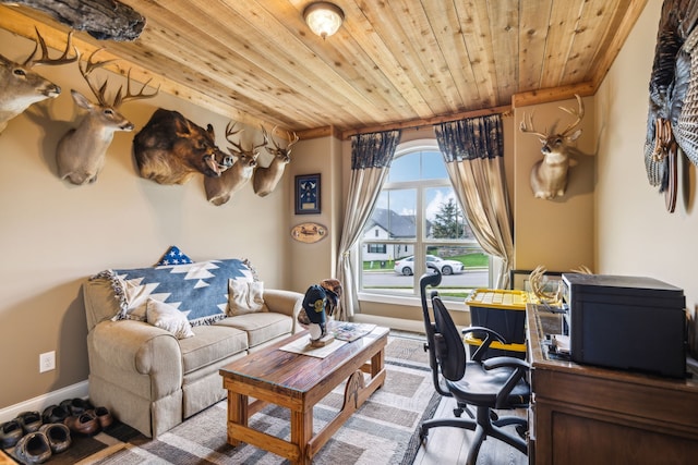 office space with wood ceiling