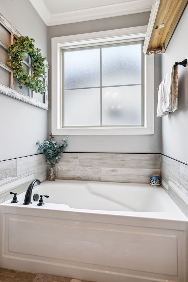 bathroom featuring ornamental molding, a wealth of natural light, and a tub to relax in