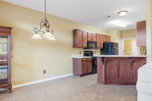 kitchen featuring black appliances, light carpet, pendant lighting, a breakfast bar, and kitchen peninsula