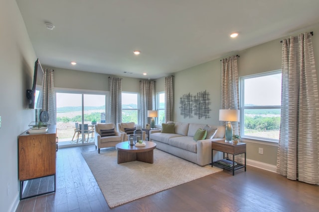 living room featuring a wealth of natural light and dark hardwood / wood-style flooring