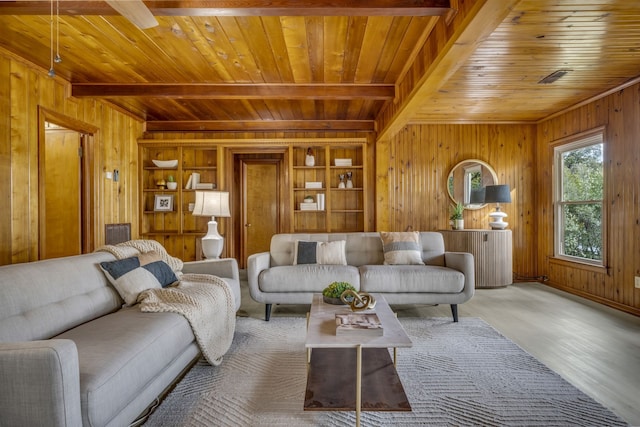 living room with wood-type flooring, wooden ceiling, and wooden walls