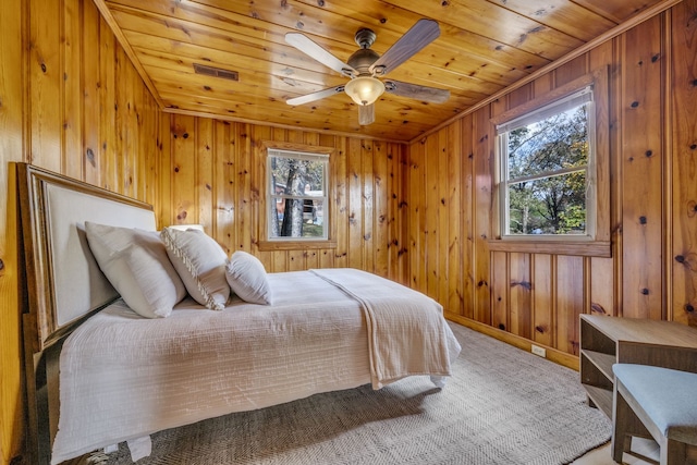 bedroom with ceiling fan, wood walls, and wood ceiling