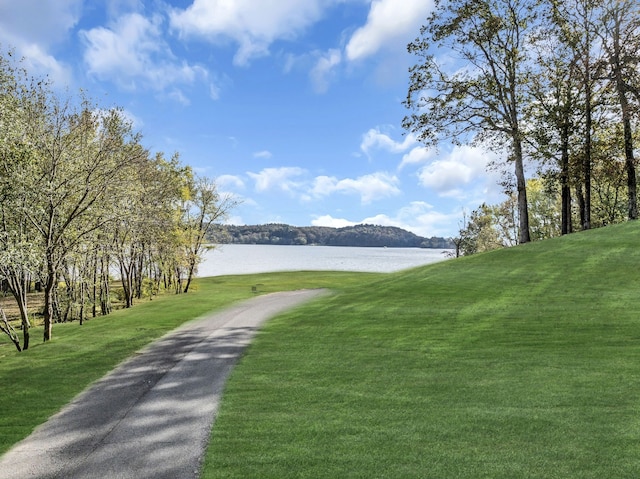 view of property's community featuring a lawn and a water and mountain view