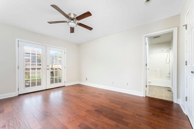 unfurnished room with french doors, ceiling fan, and wood-type flooring