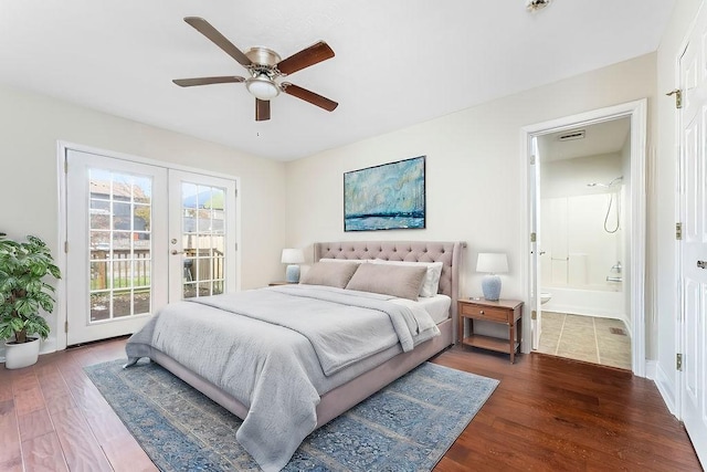 bedroom with french doors, ensuite bath, hardwood / wood-style flooring, ceiling fan, and access to exterior