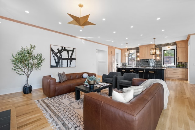 living room with light hardwood / wood-style floors and crown molding