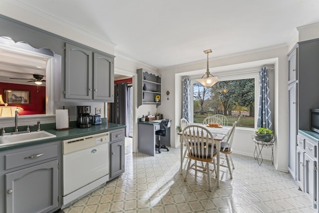 kitchen featuring white dishwasher, gray cabinets, and sink