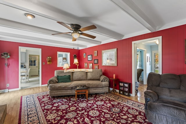 living room featuring beamed ceiling, ceiling fan, light hardwood / wood-style floors, and crown molding