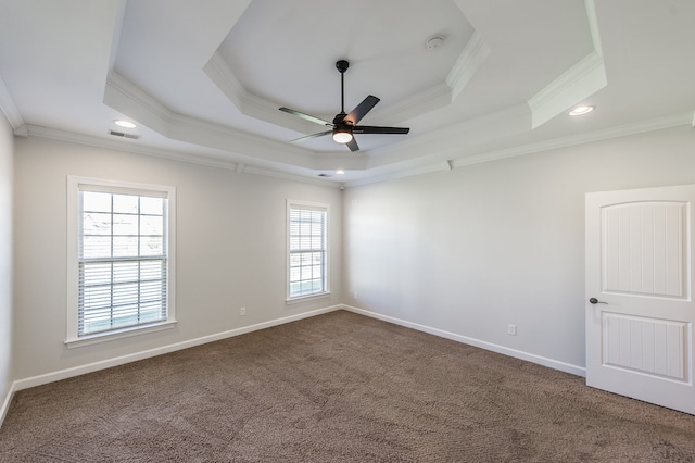 carpeted spare room featuring a raised ceiling, ceiling fan, and crown molding