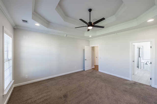 unfurnished room featuring a healthy amount of sunlight, a raised ceiling, carpet flooring, and ornamental molding