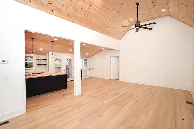 living room featuring french doors, wood ceiling, high vaulted ceiling, ceiling fan, and light hardwood / wood-style flooring