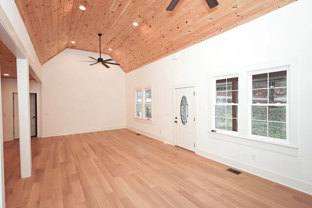 entrance foyer with high vaulted ceiling, wooden ceiling, ceiling fan, and light hardwood / wood-style flooring