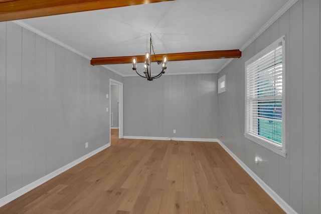 unfurnished dining area featuring beam ceiling, wooden walls, light hardwood / wood-style flooring, and ornamental molding