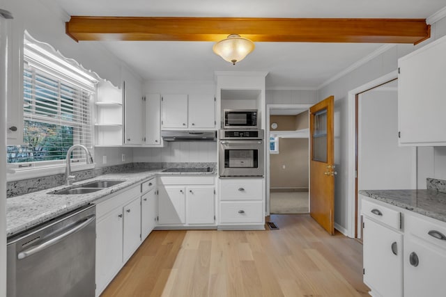 kitchen with sink, white cabinets, light wood-type flooring, and appliances with stainless steel finishes