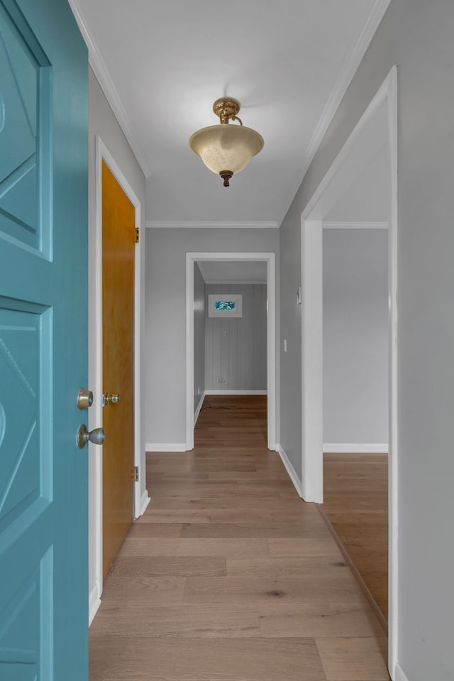 hallway featuring crown molding and light hardwood / wood-style floors