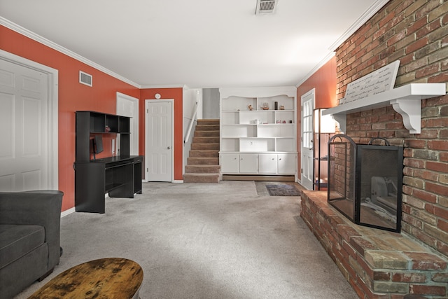 living room featuring a fireplace, light carpet, and ornamental molding