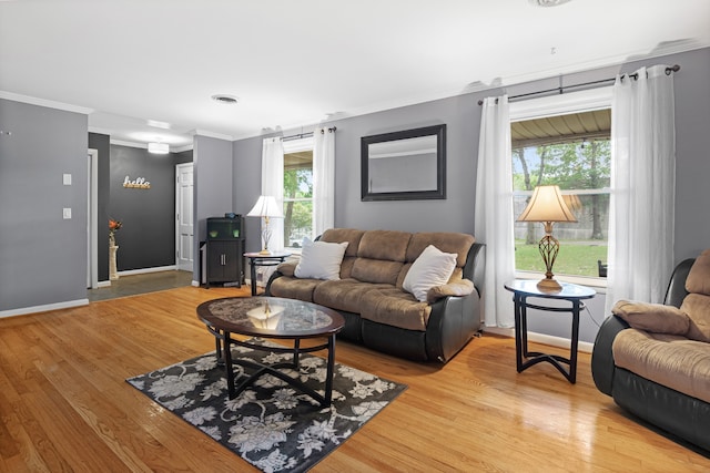 living room with hardwood / wood-style flooring, a wealth of natural light, and ornamental molding