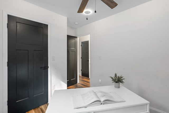 bathroom featuring ceiling fan and hardwood / wood-style flooring