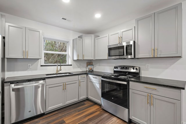 kitchen with dark hardwood / wood-style floors, gray cabinets, sink, and stainless steel appliances