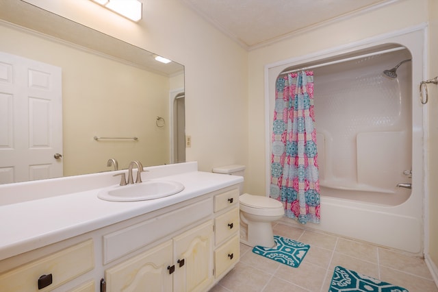 full bathroom with shower / bath combo, toilet, tile patterned floors, vanity, and crown molding