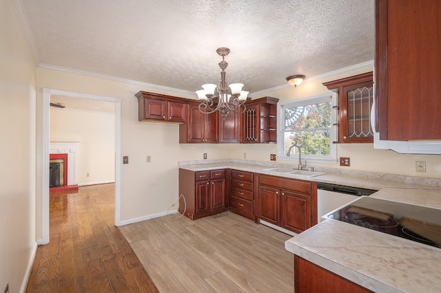 kitchen featuring pendant lighting, sink, ornamental molding, and light wood-type flooring