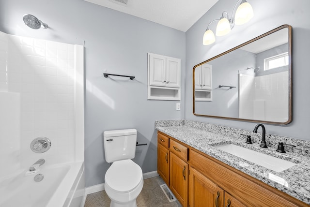 full bathroom with tub / shower combination, a textured ceiling, vanity, tile patterned floors, and toilet