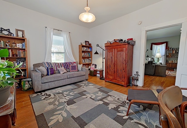 living room with light hardwood / wood-style flooring