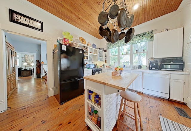 kitchen featuring white cabinetry, wooden ceiling, a kitchen breakfast bar, black appliances, and light wood-type flooring