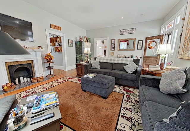 living room featuring a fireplace and light hardwood / wood-style flooring