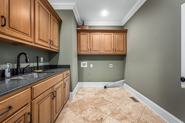 laundry room with sink, cabinets, washer hookup, crown molding, and electric dryer hookup