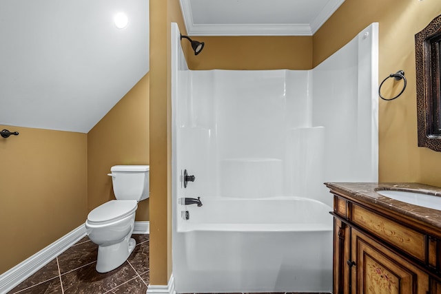 full bathroom featuring shower / washtub combination, lofted ceiling, vanity, ornamental molding, and toilet