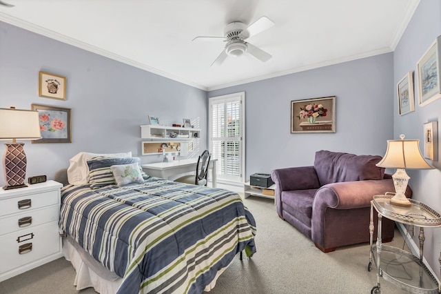 carpeted bedroom with ceiling fan and crown molding