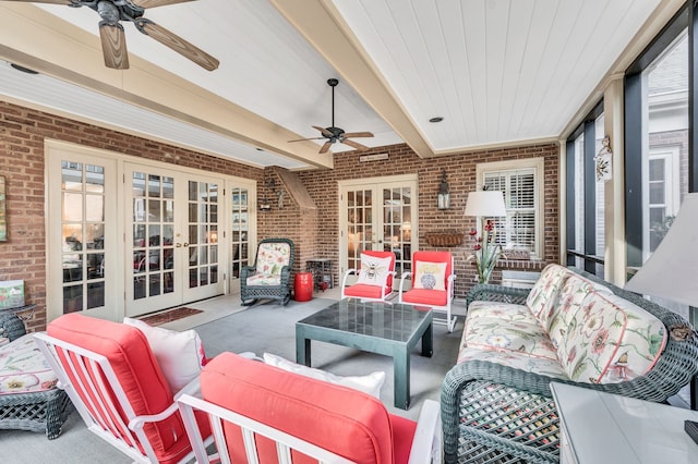 view of patio / terrace featuring french doors, ceiling fan, and an outdoor hangout area