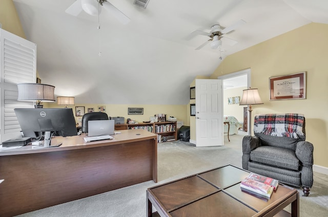 home office with lofted ceiling, light colored carpet, and ceiling fan