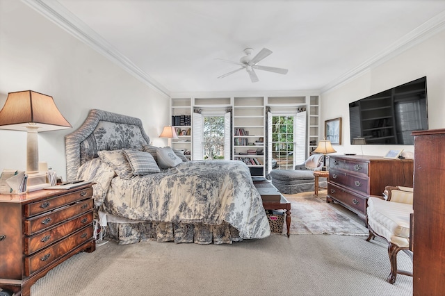 bedroom featuring ceiling fan, light carpet, and crown molding