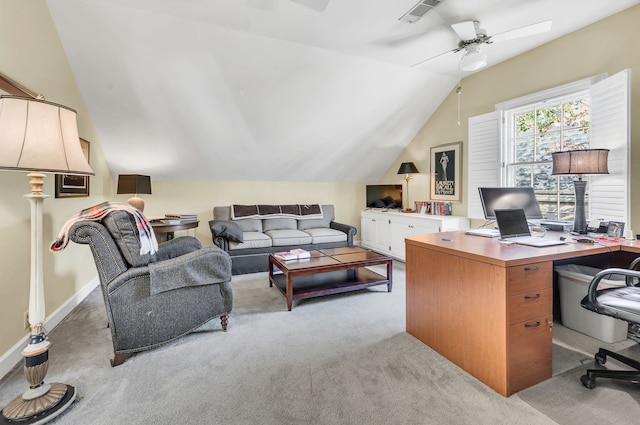 office with ceiling fan, light colored carpet, and vaulted ceiling